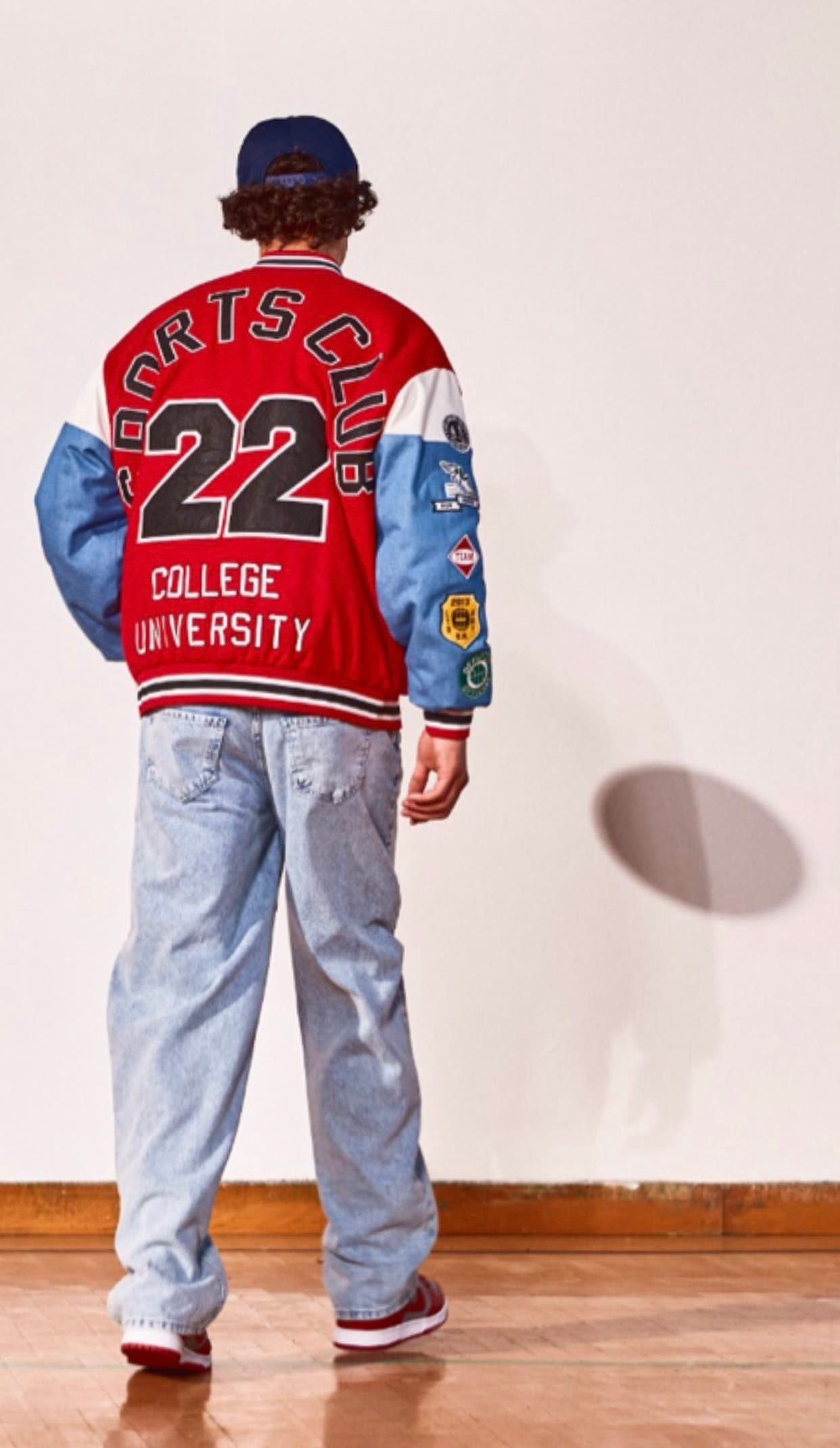 Red 22 College varsity jacket, back view