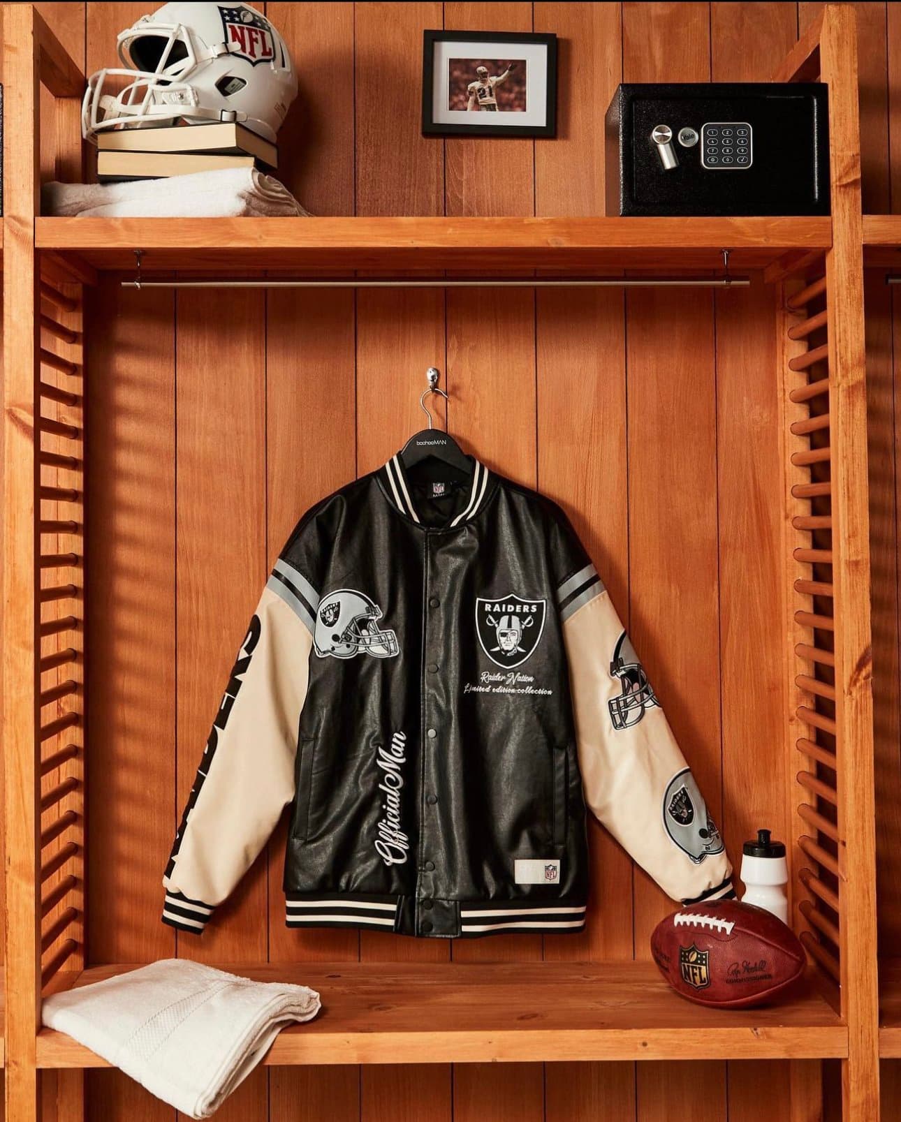 Raiders leather varsity jacket in a locker