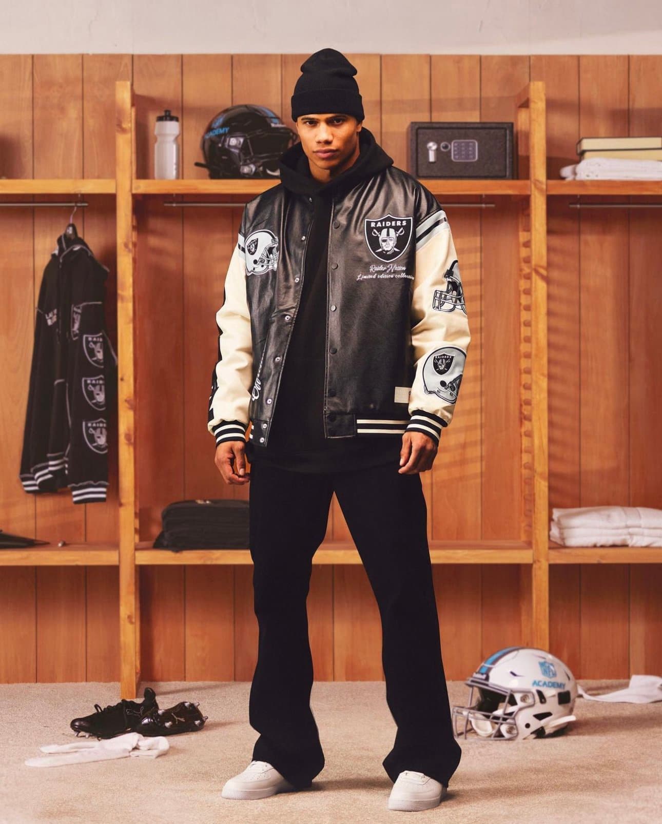 Model in a Raiders varsity jacket