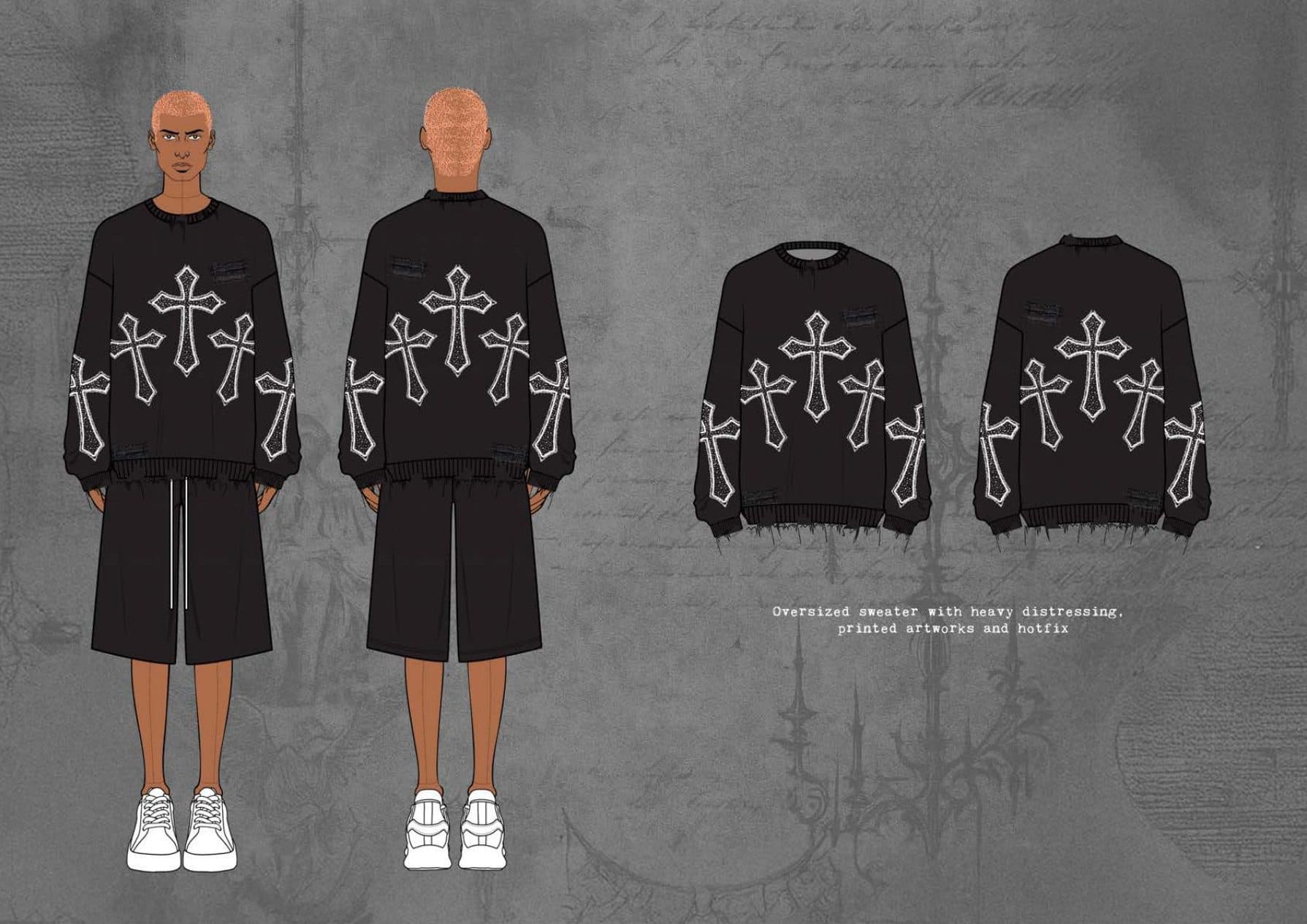 Rockstar Riot oversized cross sweater, front and back