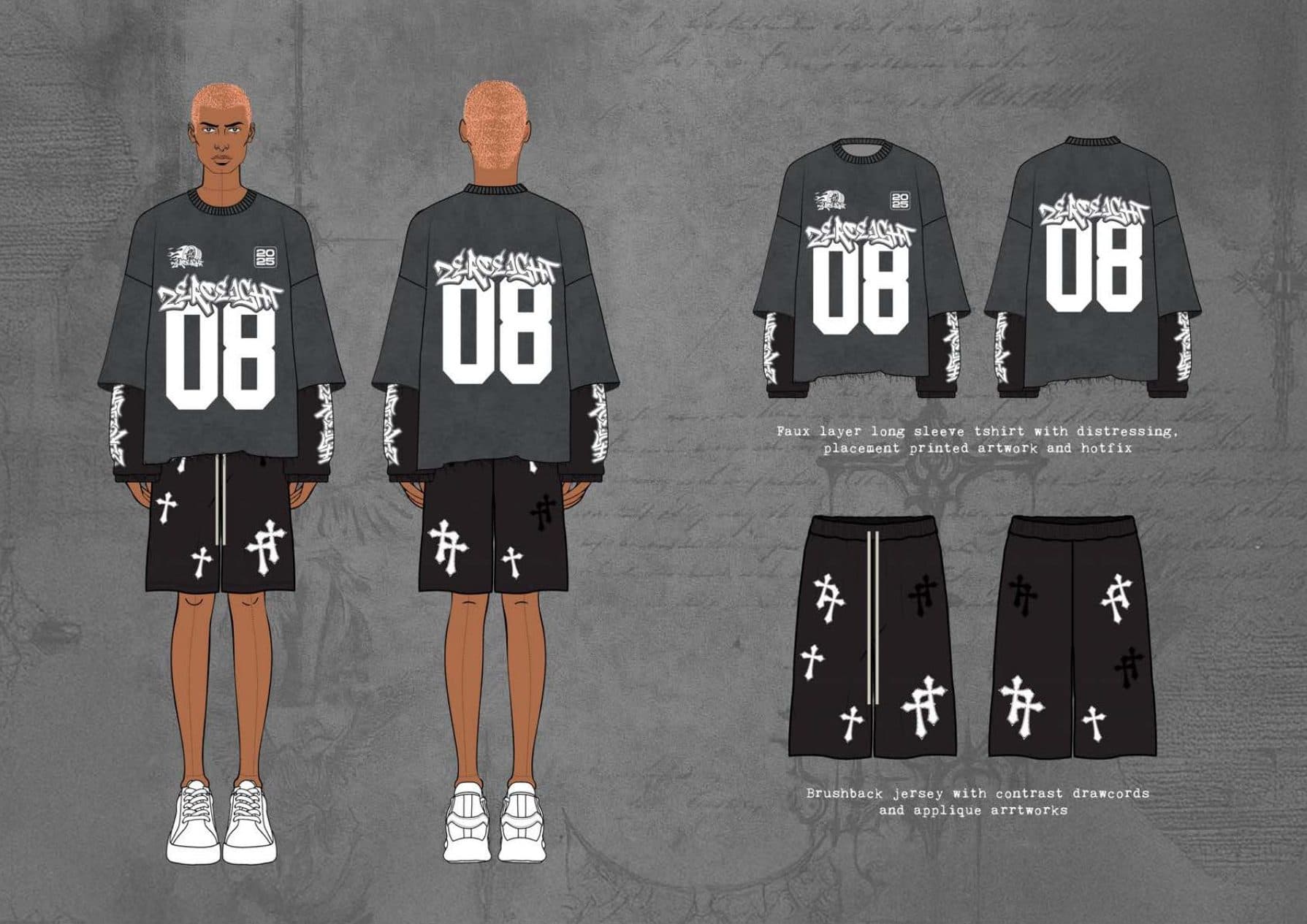 Faux-layer long sleeve 08 tee and appliqué shorts