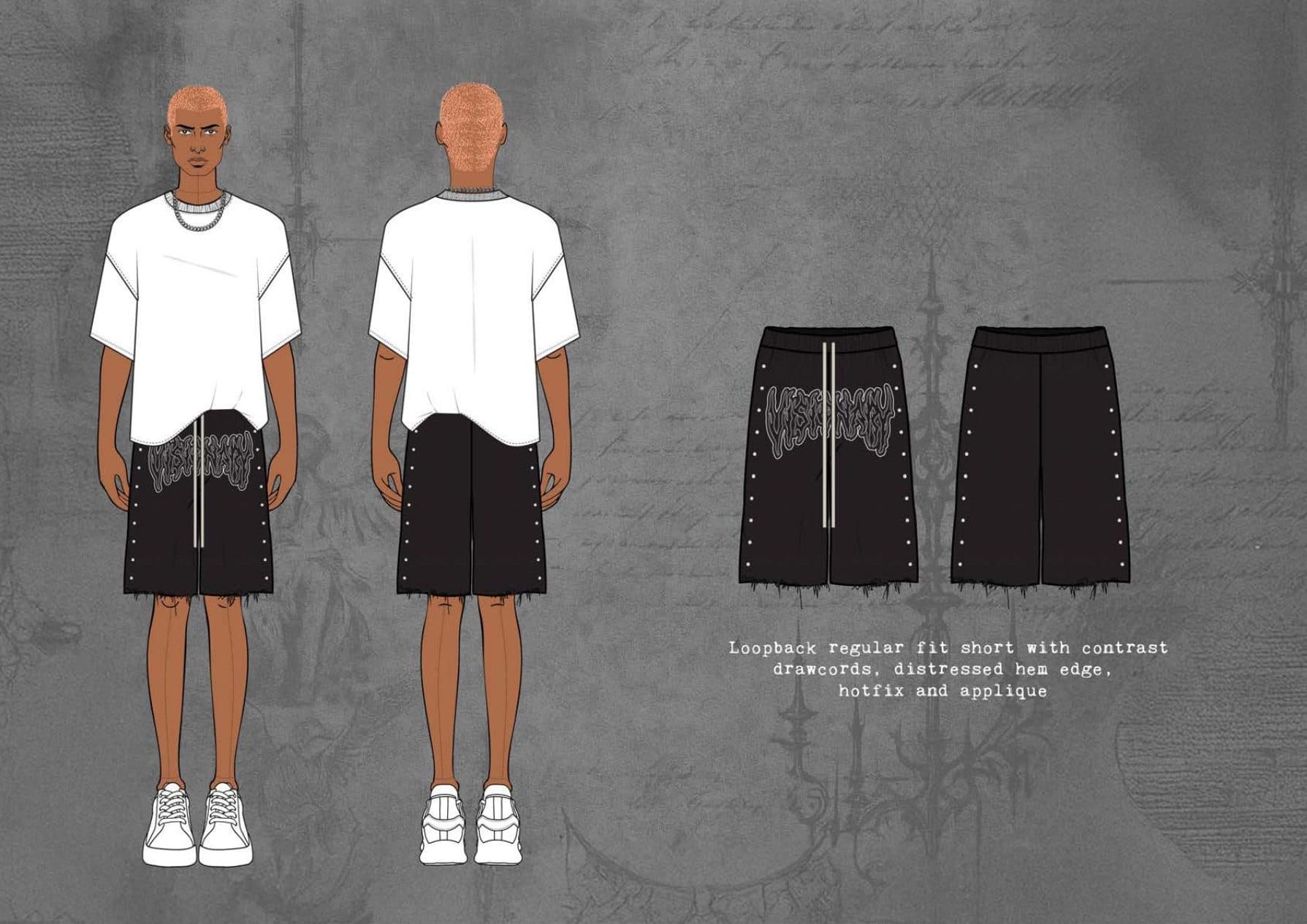Loopback shorts with distressed hem, hotfix and appliqué